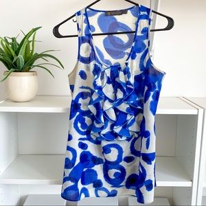 Ruffle Front Blue Print Tank Blouse